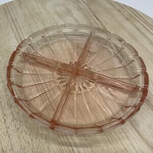 Vintage Pink Pressed Glass Candy Dish Round 4 Section Divided Unmarked Decor